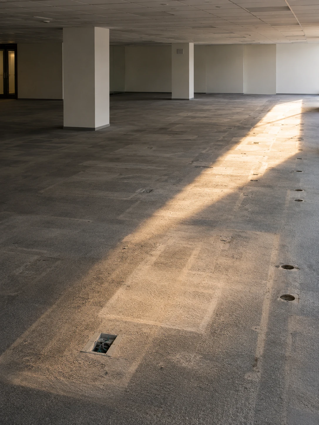 AI-generated empty concrete interior, with a diagonal band of sunlight crossing rectangular traces on the floor.