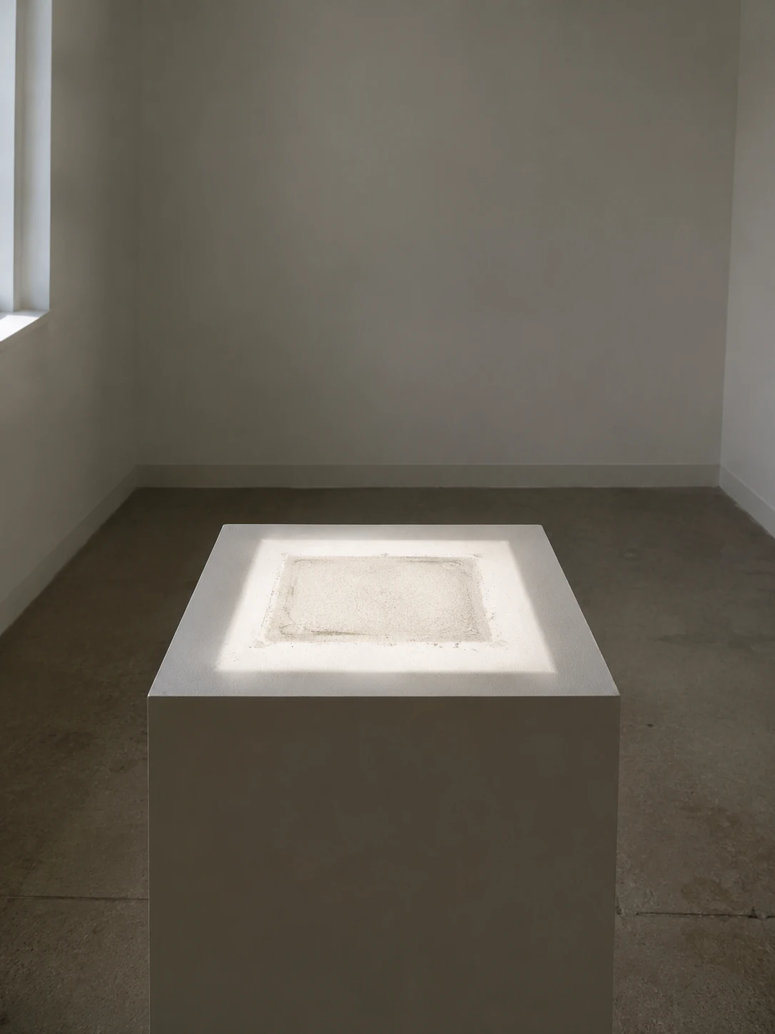 AI-generated image of an empty white plinth with a square dust trace held inside a rectangle of light.