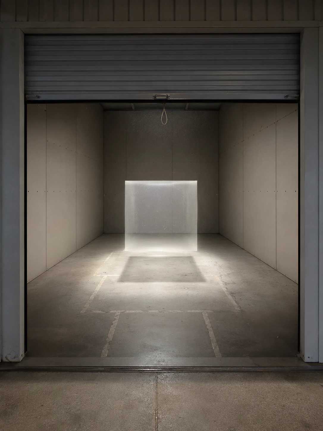 AI-generated vacant recess containing a luminous translucent cuboid above a pale square floor trace.